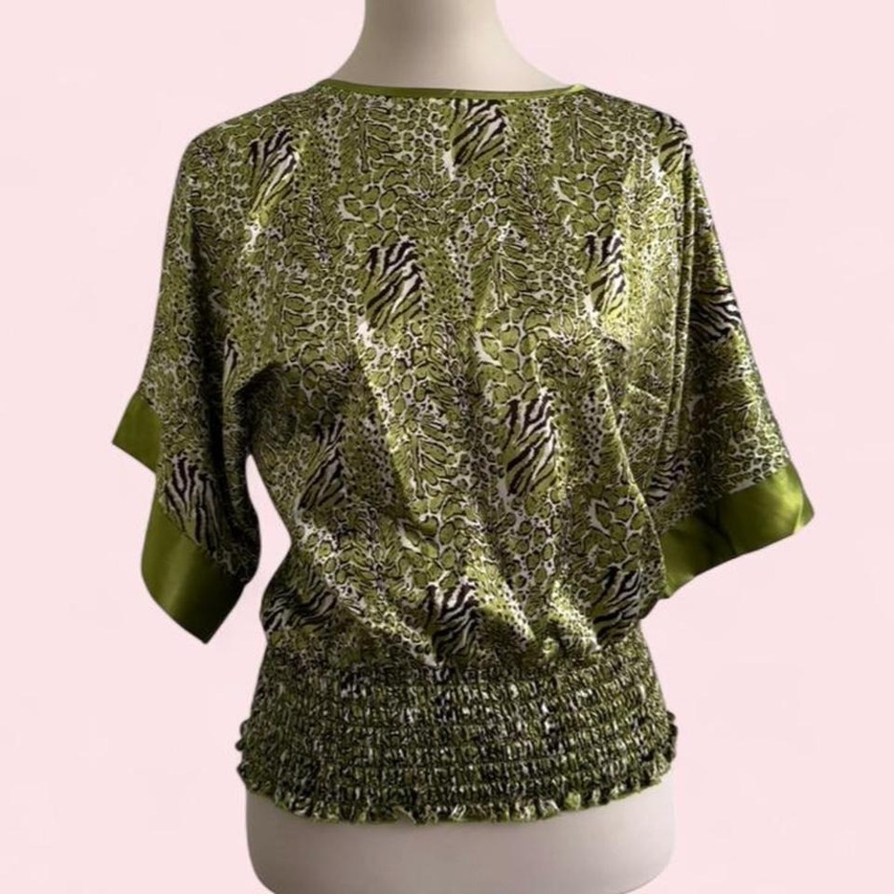 Y2K Isabella Rodriguez Green Animal Print Blouse Elastic Waist Batwing Sleeve M